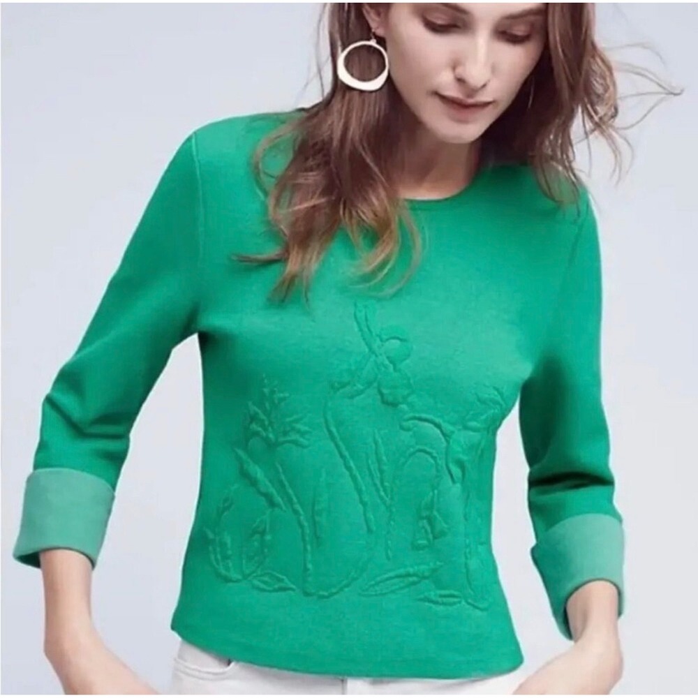 Moth Anthropologie Kelly Green Floral Embossed Cotton Blend Sweater Size S Top